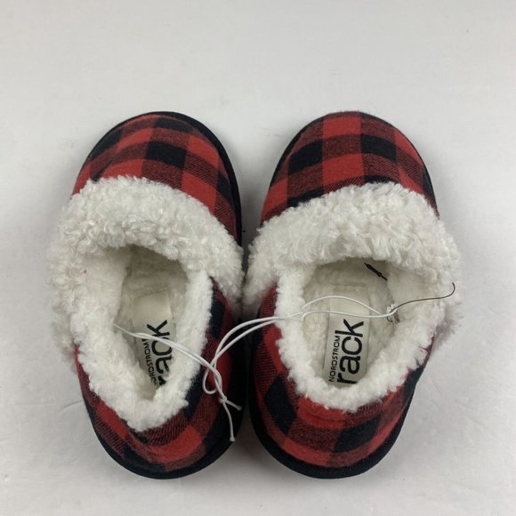 Nordstrom Rack Faux Shearling Slippers Kid's 11/12 Red Bloom Buffalo Plaid 8009 - Picture 6 of 10